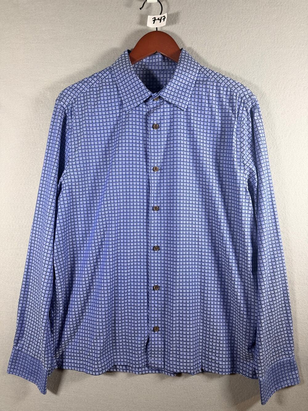 Tasso Elba Mens Large Blue Geometric Square Check Long Sleeve Button Up Shirt